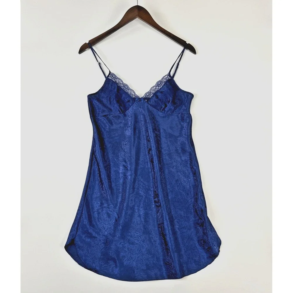 Vintage Adonna Womens Babydoll Lace Cami Slip‎ Dress Size S Navy Blue Satin